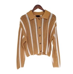 Lumiere Striped Crochet Collard Cardigan Sweater